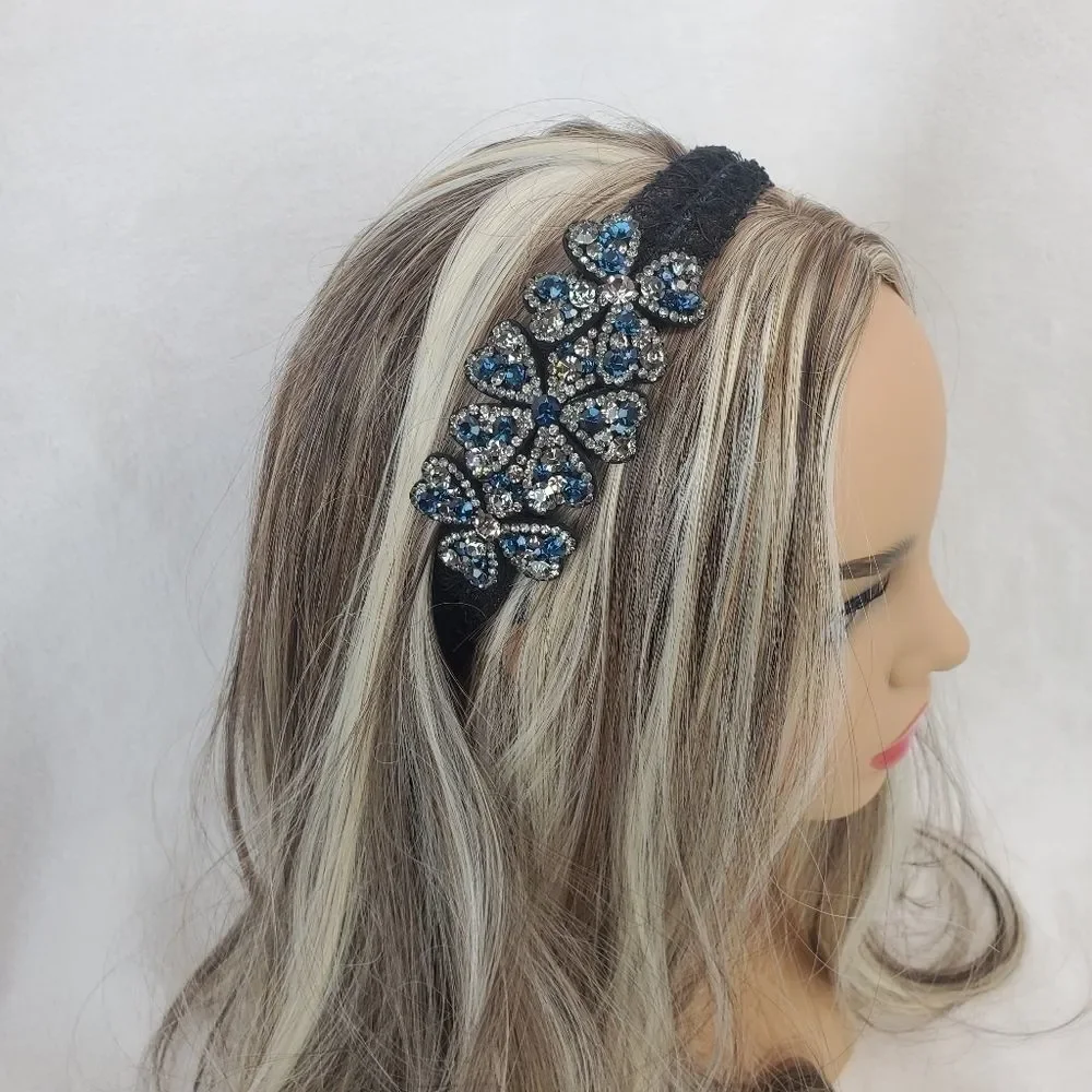 Blue Gunmetal Crystals Floral Black Lace Hair Band